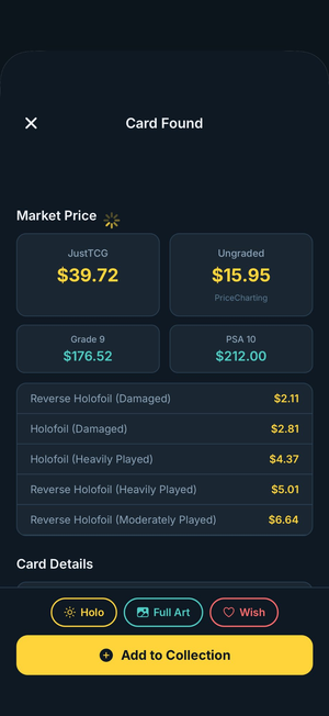CardDex Scanner card found screen showing real-time market pricing